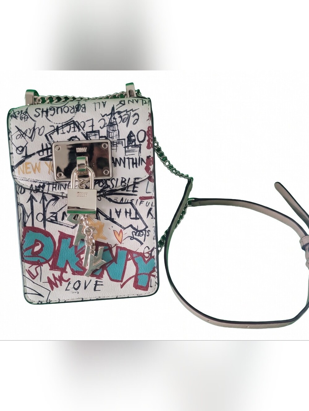DKNY White Graffiti Print Crossbody Bag with Teal & Red Accents
